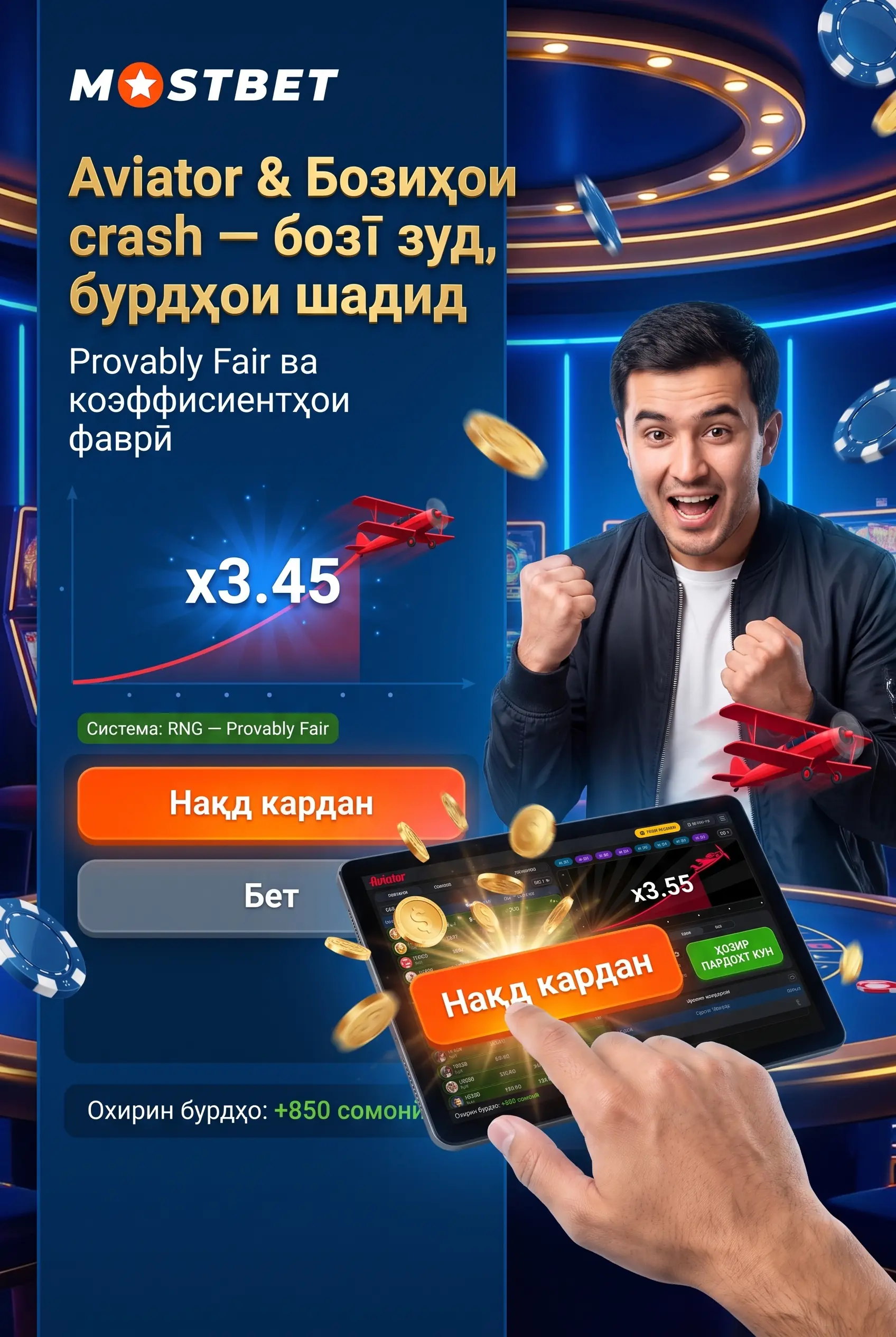Бозиҳои crash ва Aviator дар Mostbet